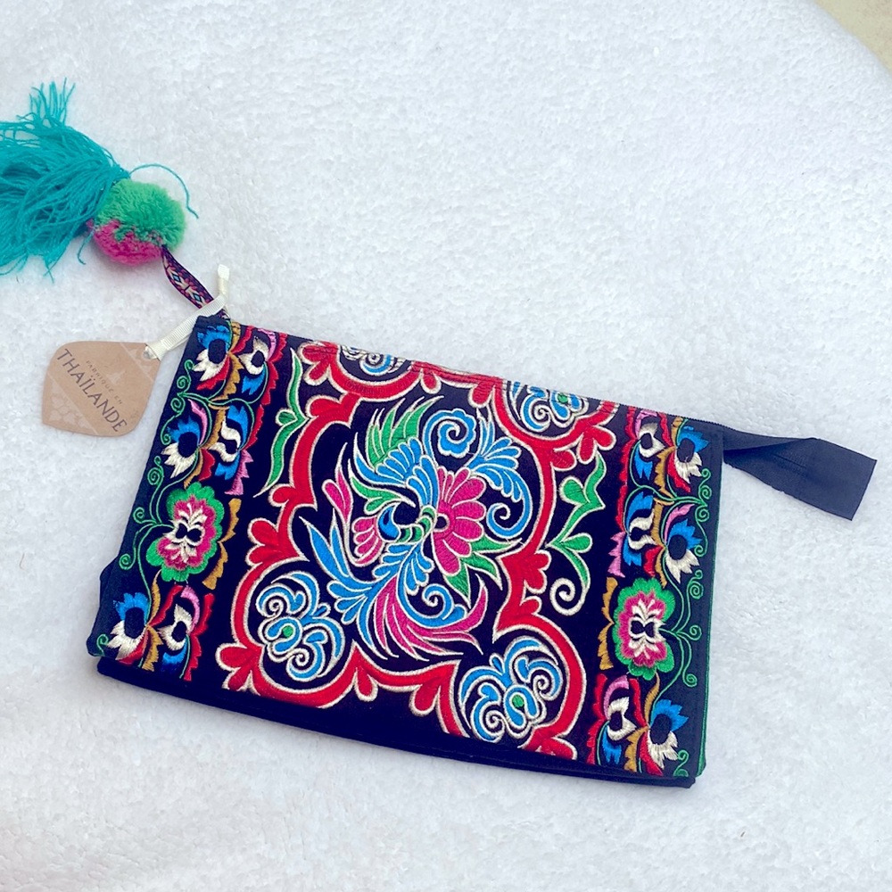Black Blue Red Embroidered Tassel Cosmetic Bag Made in Thailand